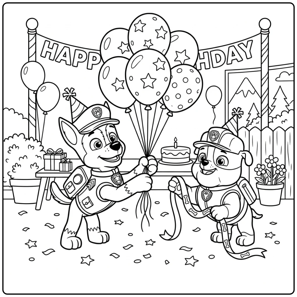 Chase en Rubble organiseren een paw patrol kleurplaat verjaardag feestje.