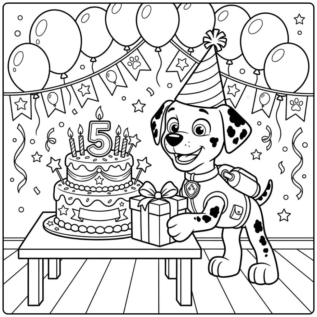Marshall viert feest: paw patrol kleurplaat verjaardag met cadeautje