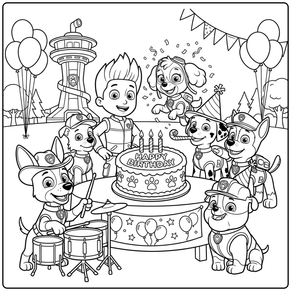 Tracker speelt vrolijke muziek op een paw patrol kleurplaat verjaardag.