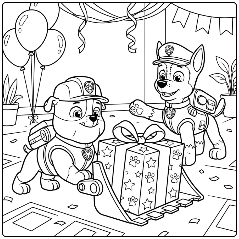 Rubble rolt cadeau, Chase helpt - paw patrol kleurplaat verjaardag