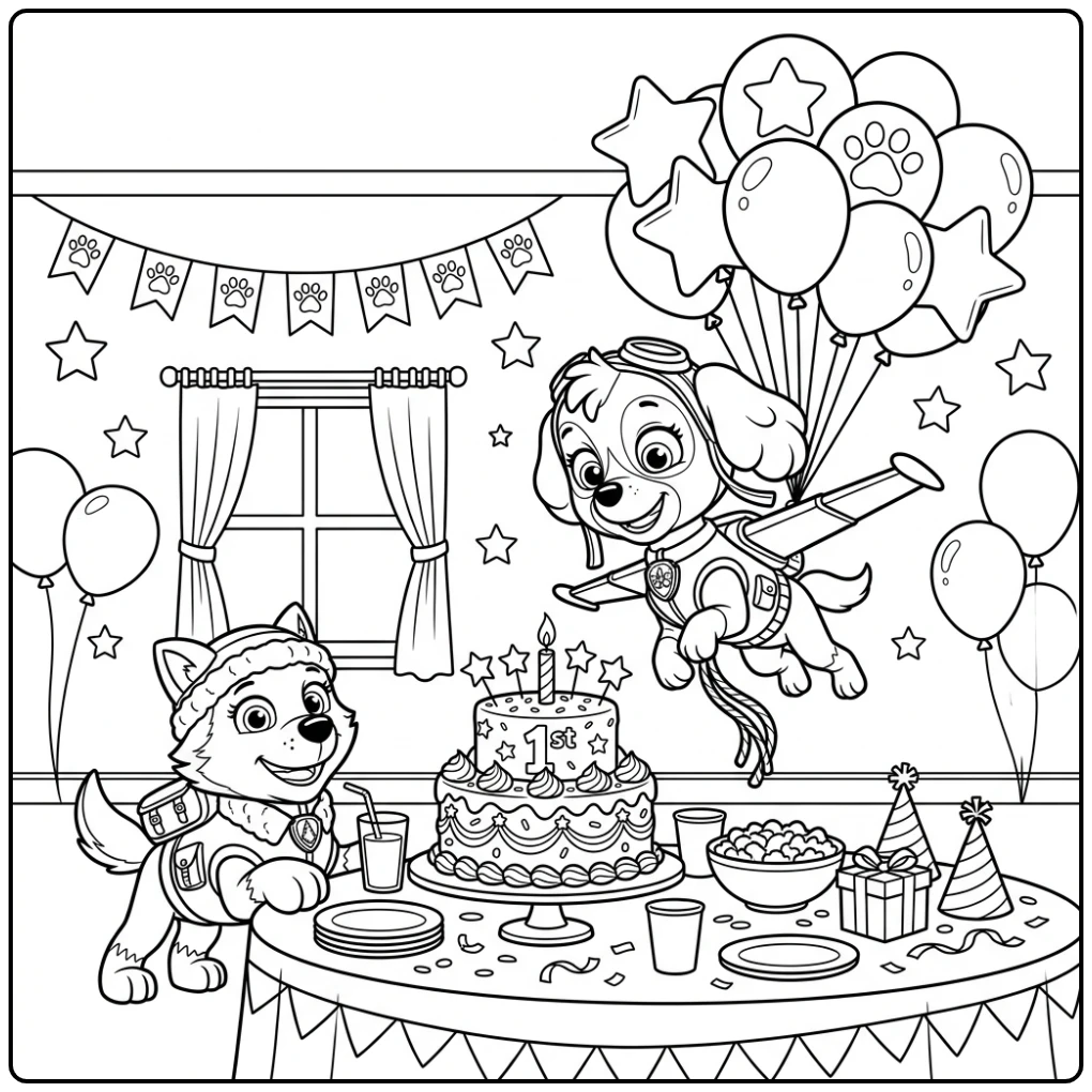 Paw Patrol kleurplaat verjaardag: Skye vliegt boven feesttafel
