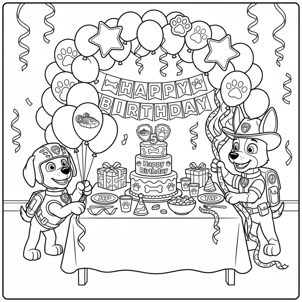 Zuma en Tracker versieren voor een paw patrol kleurplaat verjaardag.