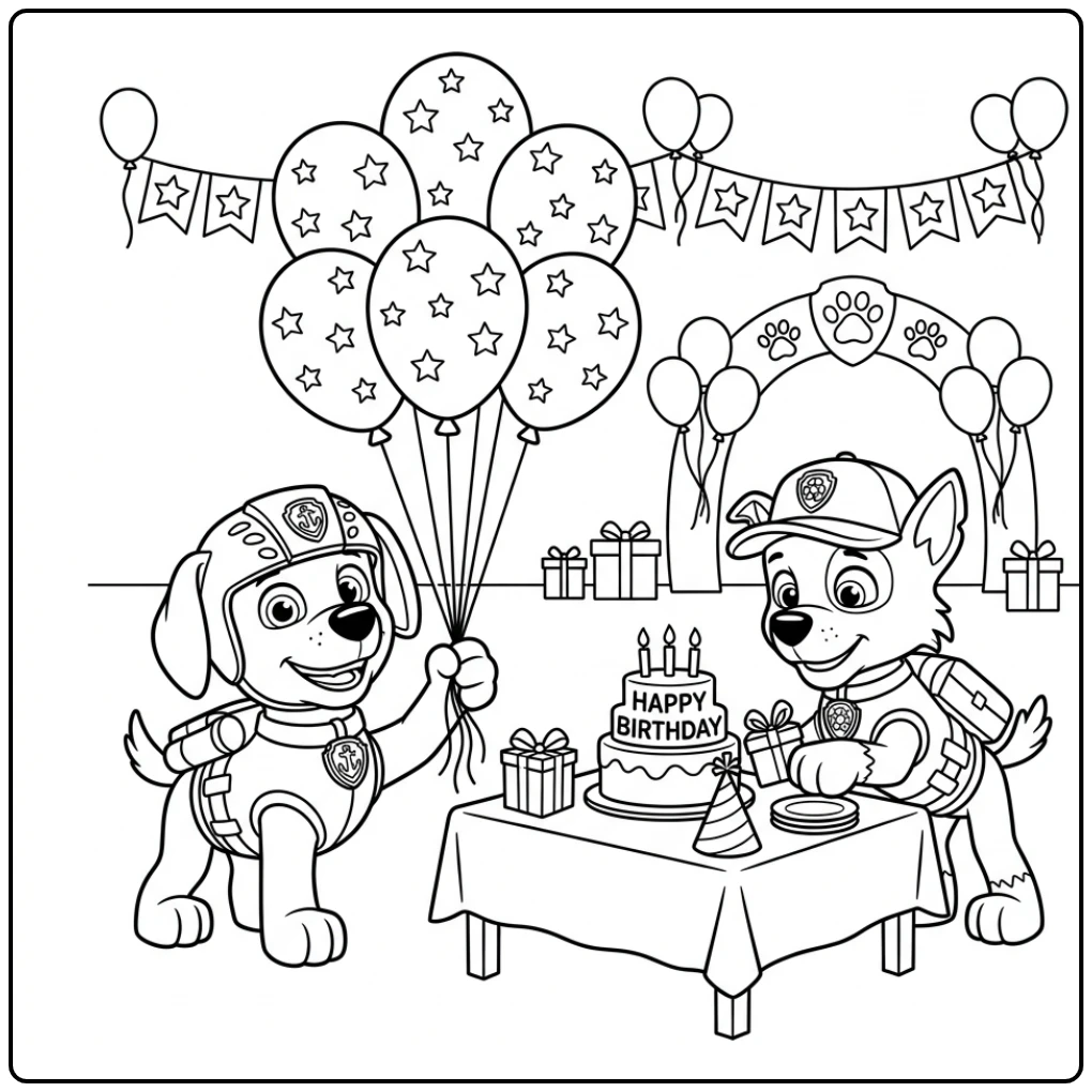 Zuma met ballonnen en Rocky bij tafel voor paw patrol kleurplaat verjaardag.