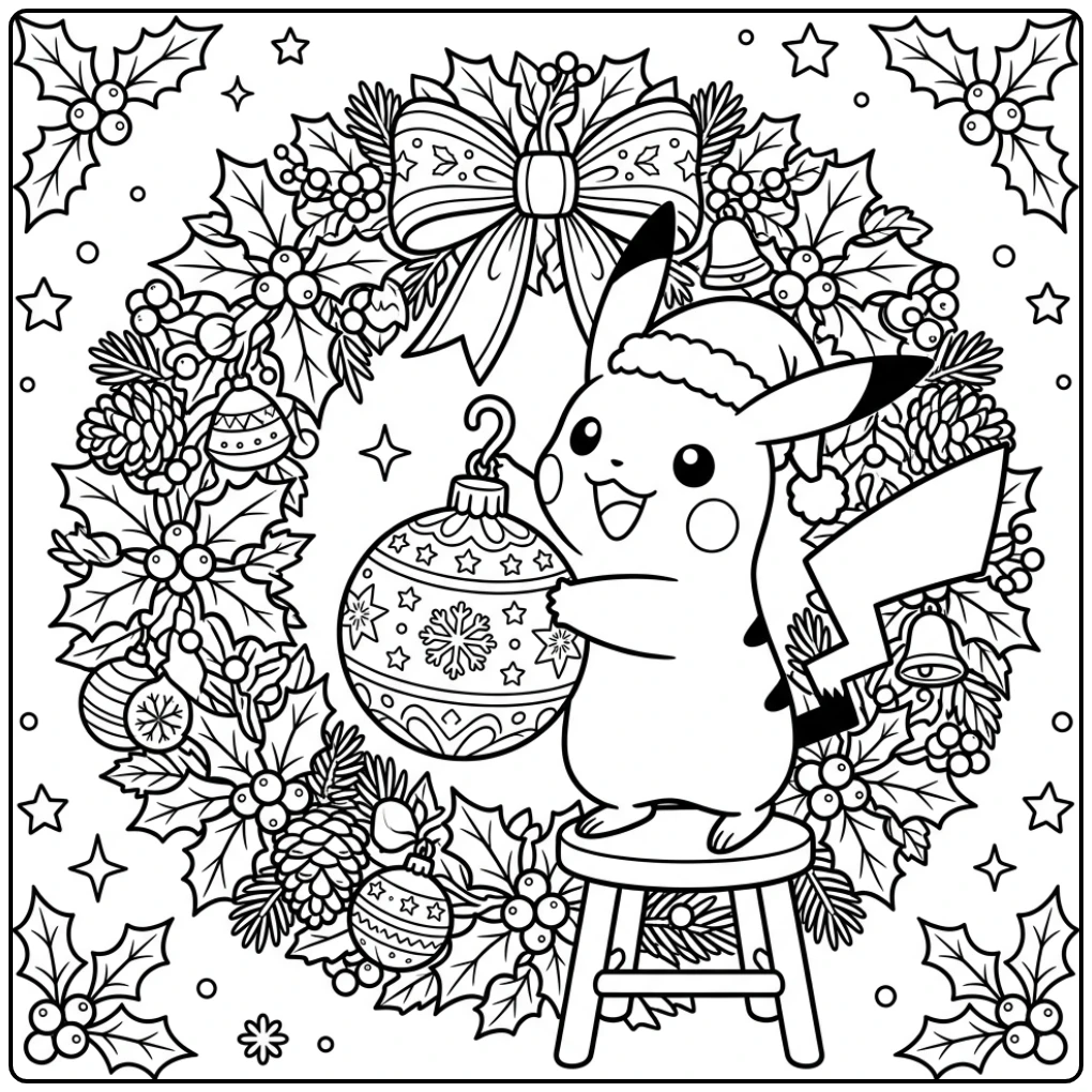Vrolijke pikachu kerst kleurplaat met krans en grote bal.