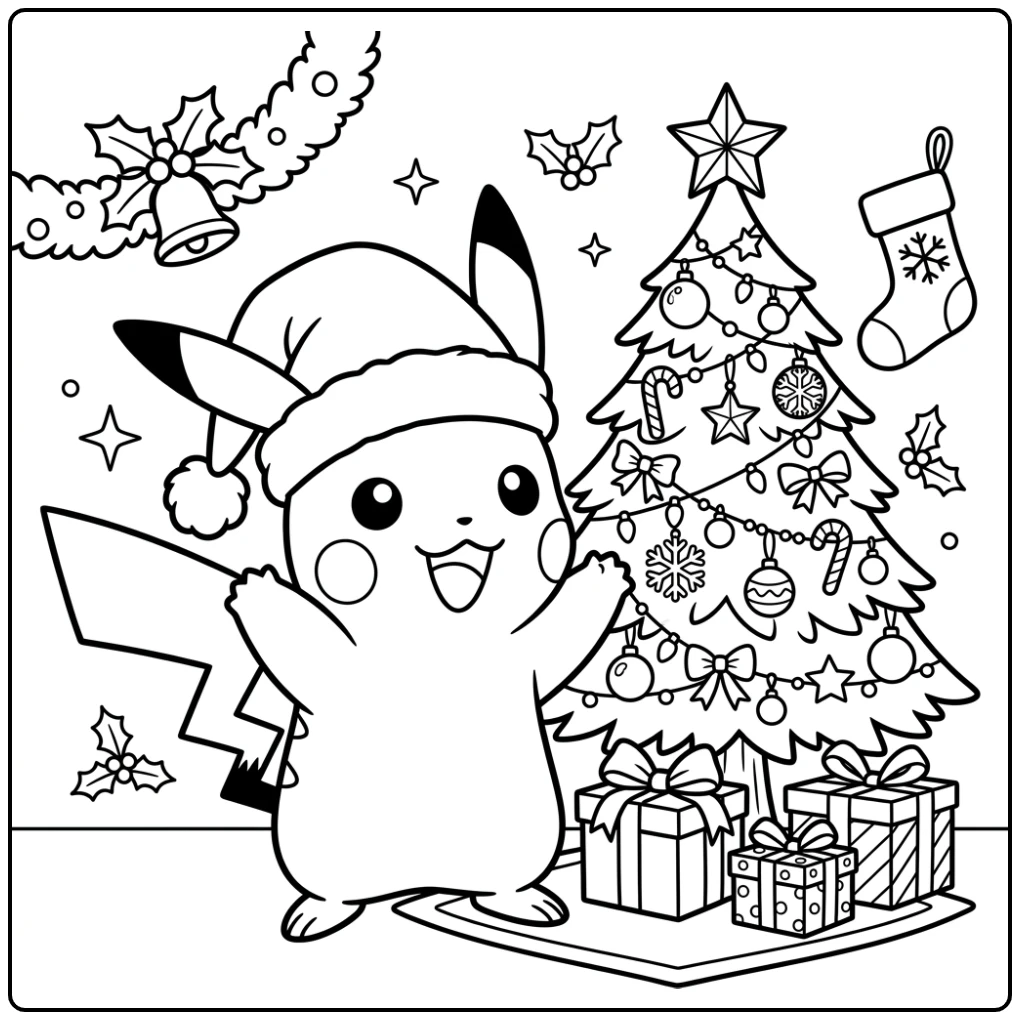 Leuke pikachu kerst kleurplaat met kerstboom en cadeautjes.