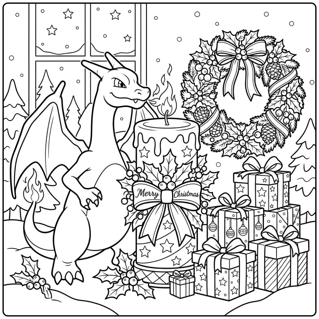 Charizard viert kerst: een charmante pokemon kerst kleurplaat scène