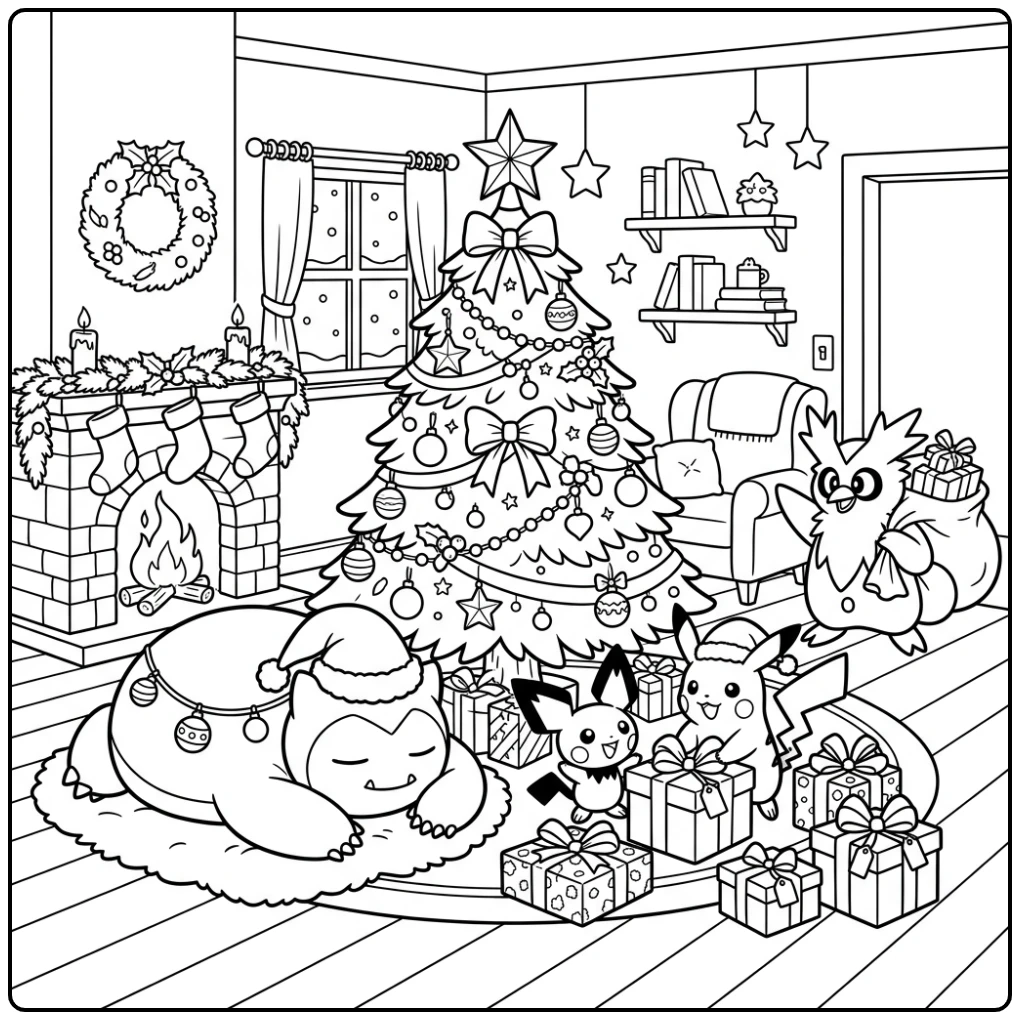 Een gezellige pokemon kerst kleurplaat met slapende Snorlax en cadeaus.