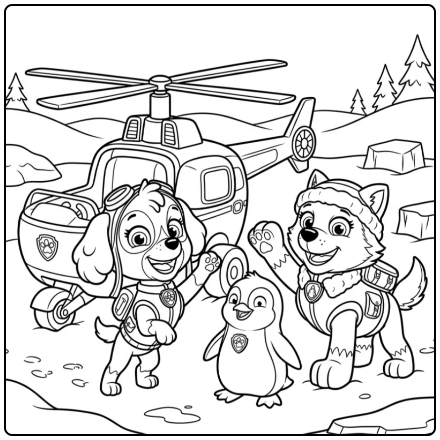 Skye en Everest vieren redding met pinguïn, een blije skye paw patrol kleurplaat.