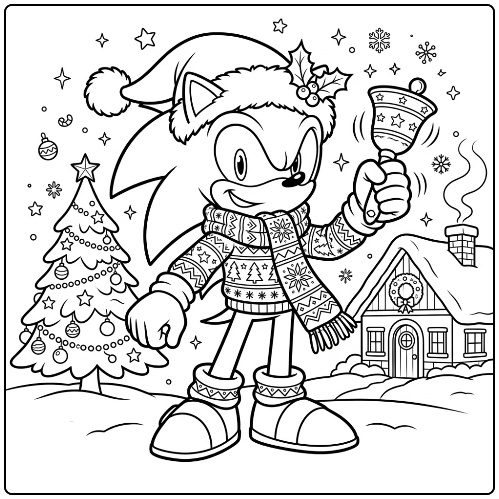 Sonic kerst kleurplaat: Egel luidt vrolijk een bel in winterkleding.