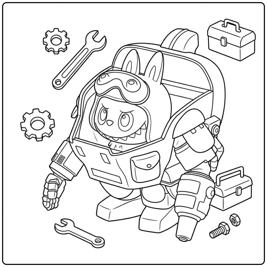 Een Flamingo kleurplaat met een konijn in een robotpak en gereedschap.