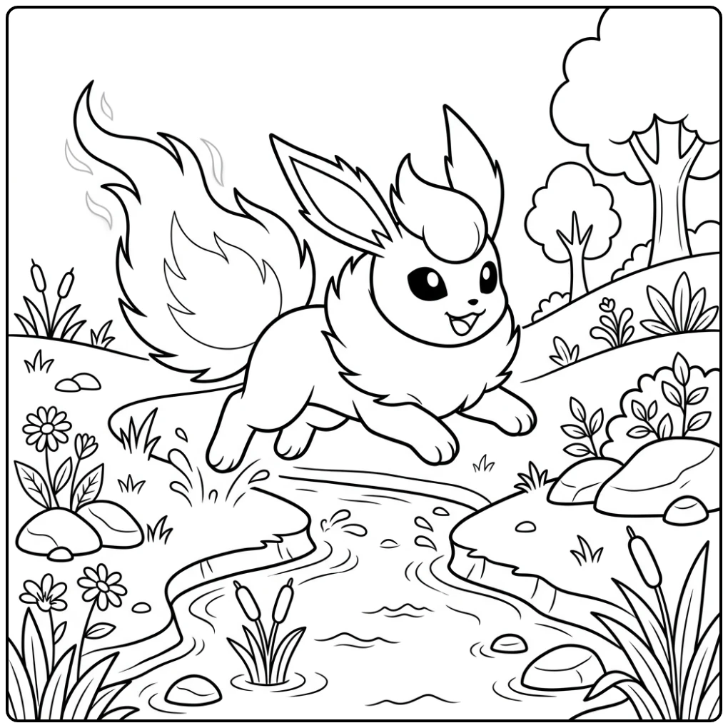 Vrolijke flareon kleurplaat: springend over beekje met vlammende staart.