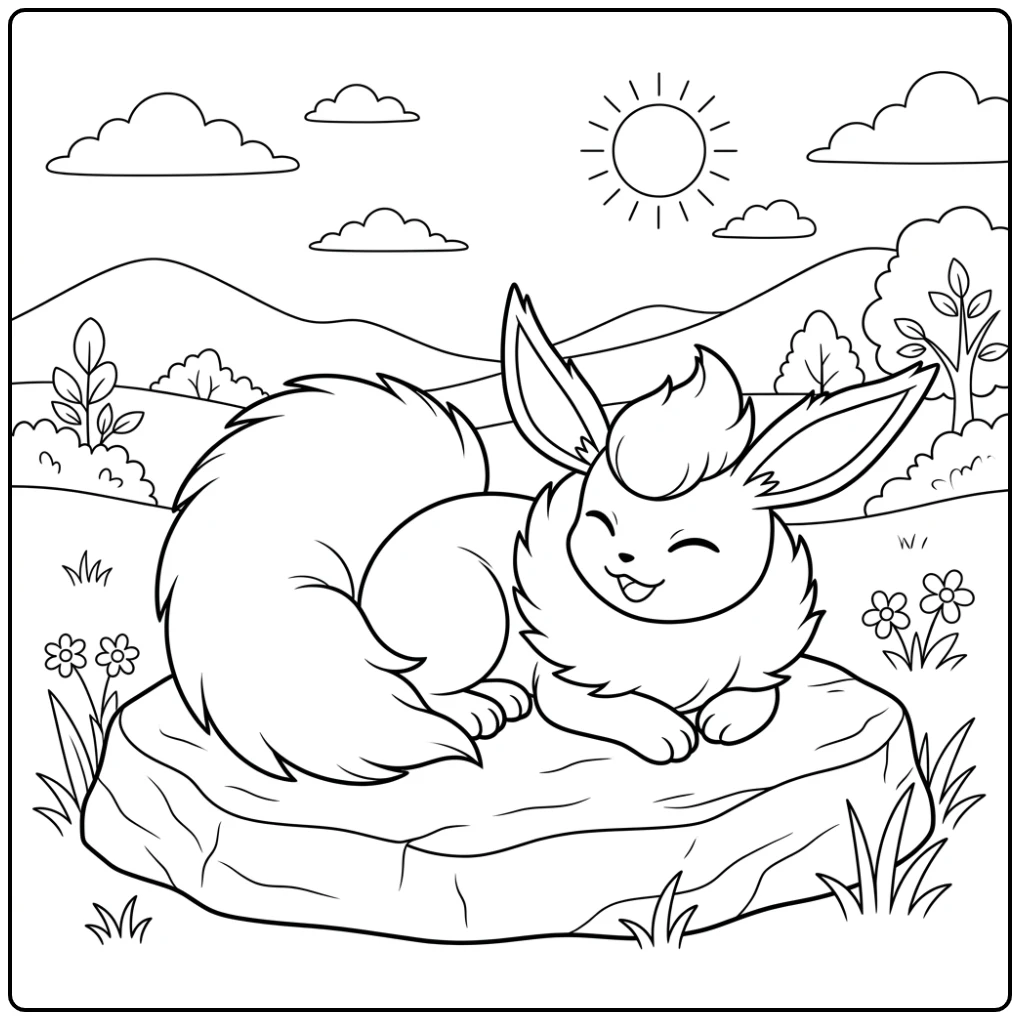 Schattige flareon kleurplaat, comfortabel liggend op een rots