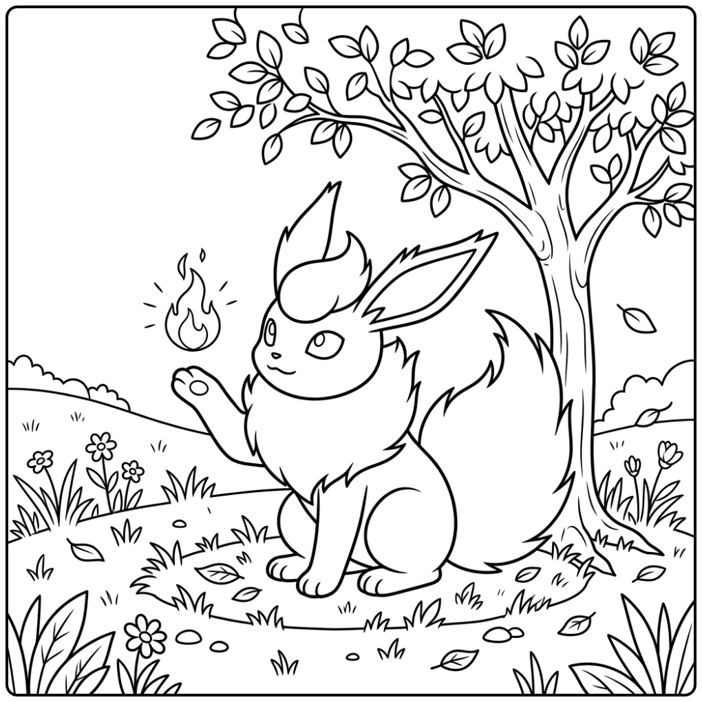 Vredige flareon kleurplaat van Flareon onder boom met vlammetje