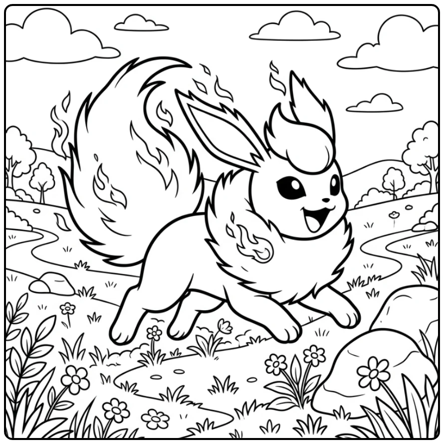 Levendige flareon kleurplaat van Flareon rennend in een veld.