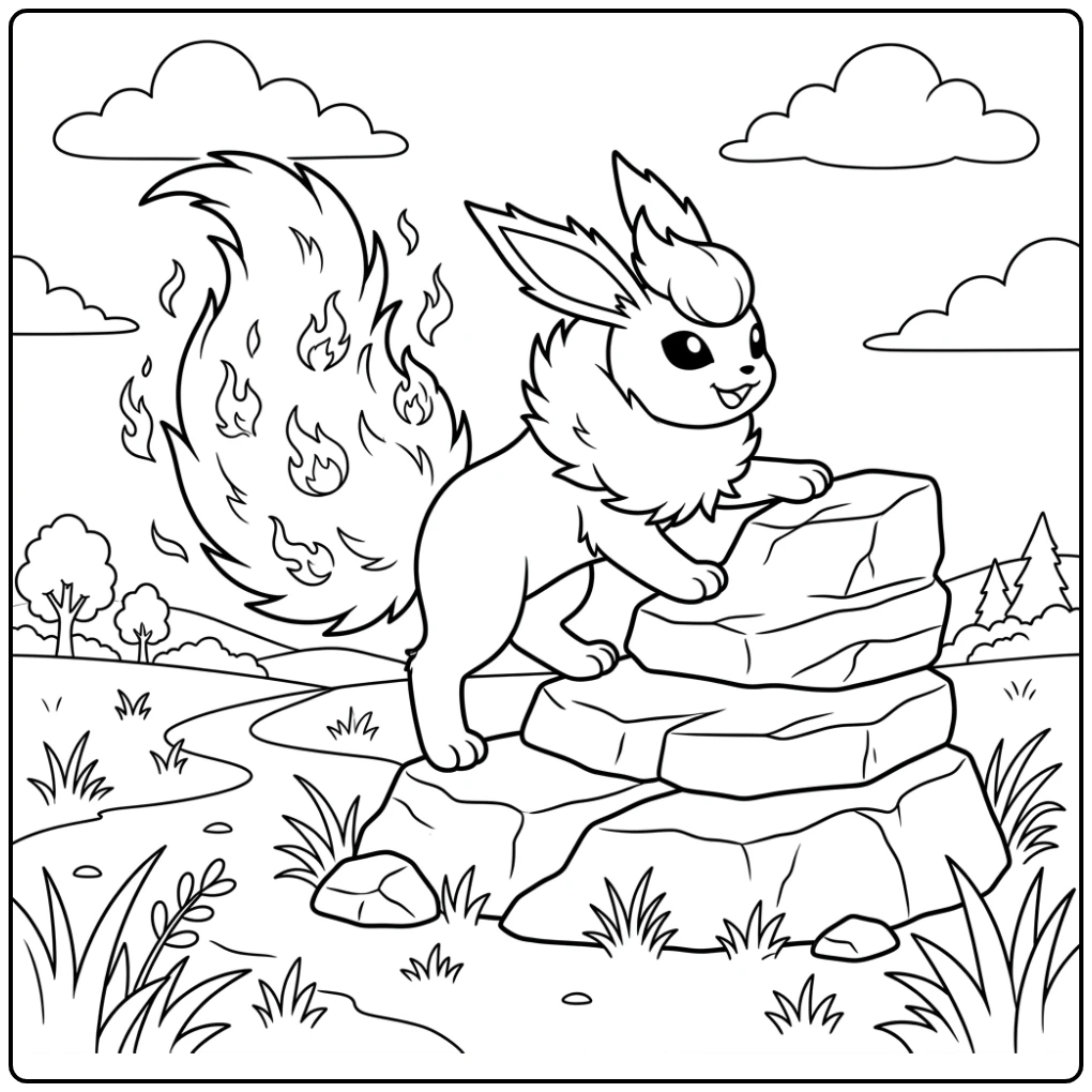 Avontuurlijke flareon kleurplaat van Flareon op rotsen met vlammen.