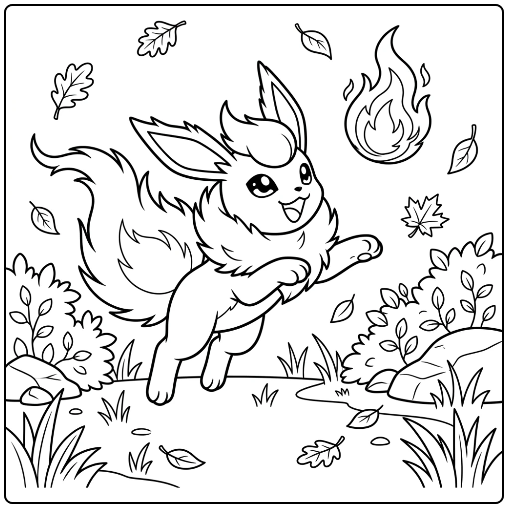 Enthousiaste flareon kleurplaat jaagt op zwevende sintel.