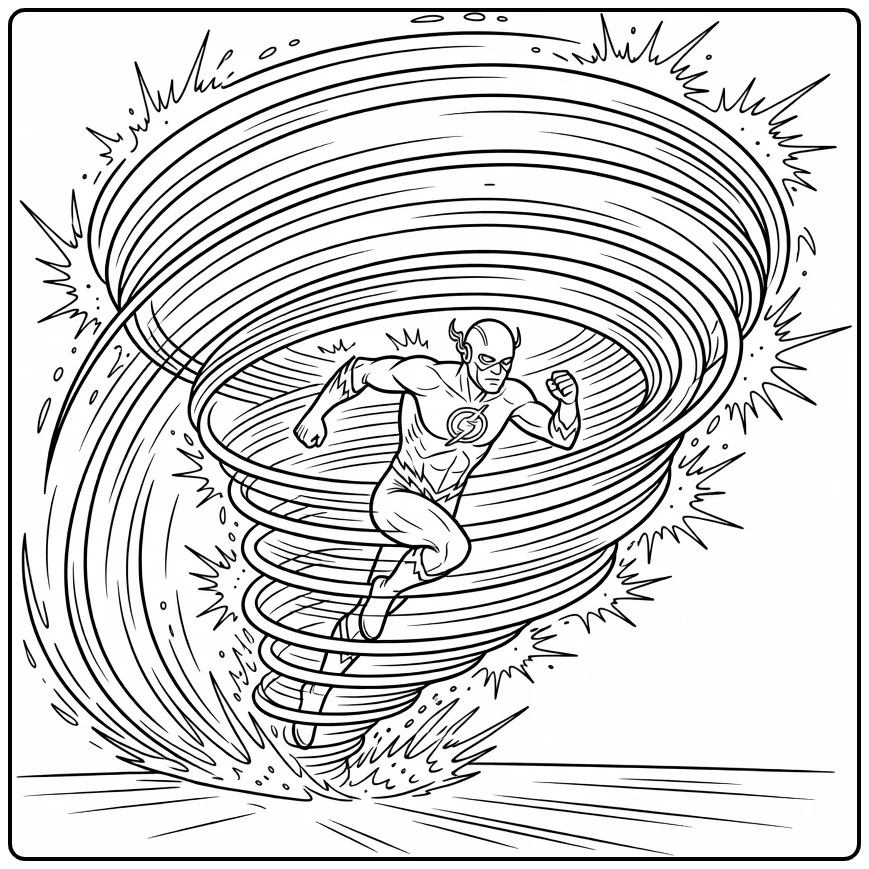 Flash kleurplaat: Flash rent cirkel met tornado-spoor en vonken