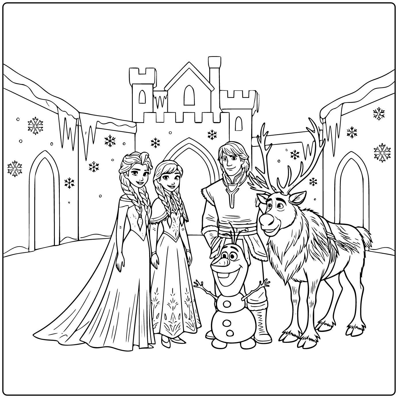 Mooie elsa kleurplaat met Anna, Olaf, Kristoff en Sven.