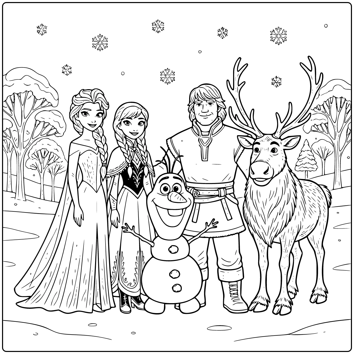 Vrolijke elsa kleurplaat met Anna, Olaf, Kristoff en Sven.