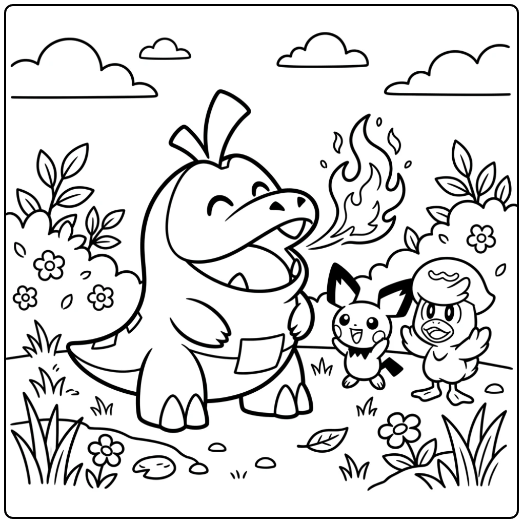 Gezellige kleurplaat pokemon schattig: Fuecoco blaast vlammetje.