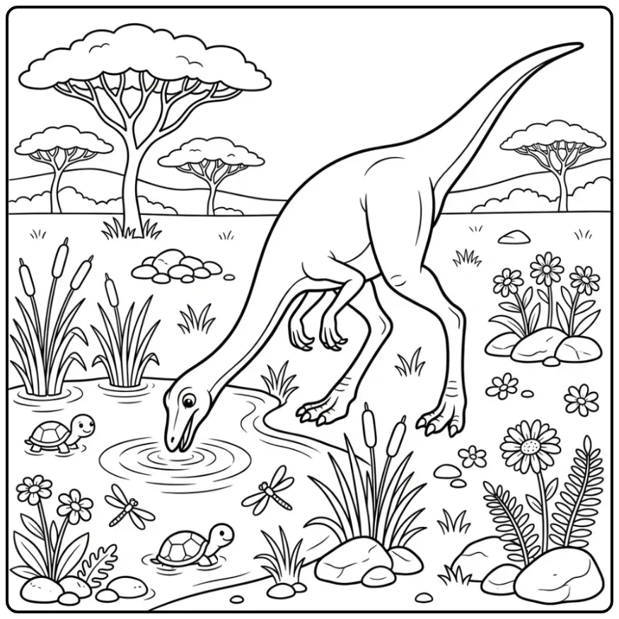 Een drinkende Gallimimus dino kleurplaat in de natuur