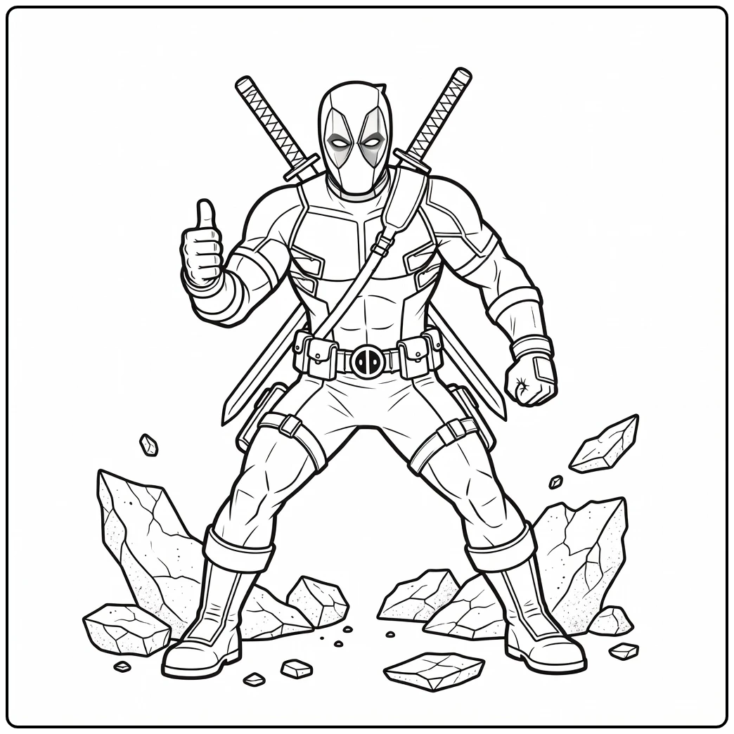 Actievolle deadpool kleurplaat met opgestoken duim en zwaarden.