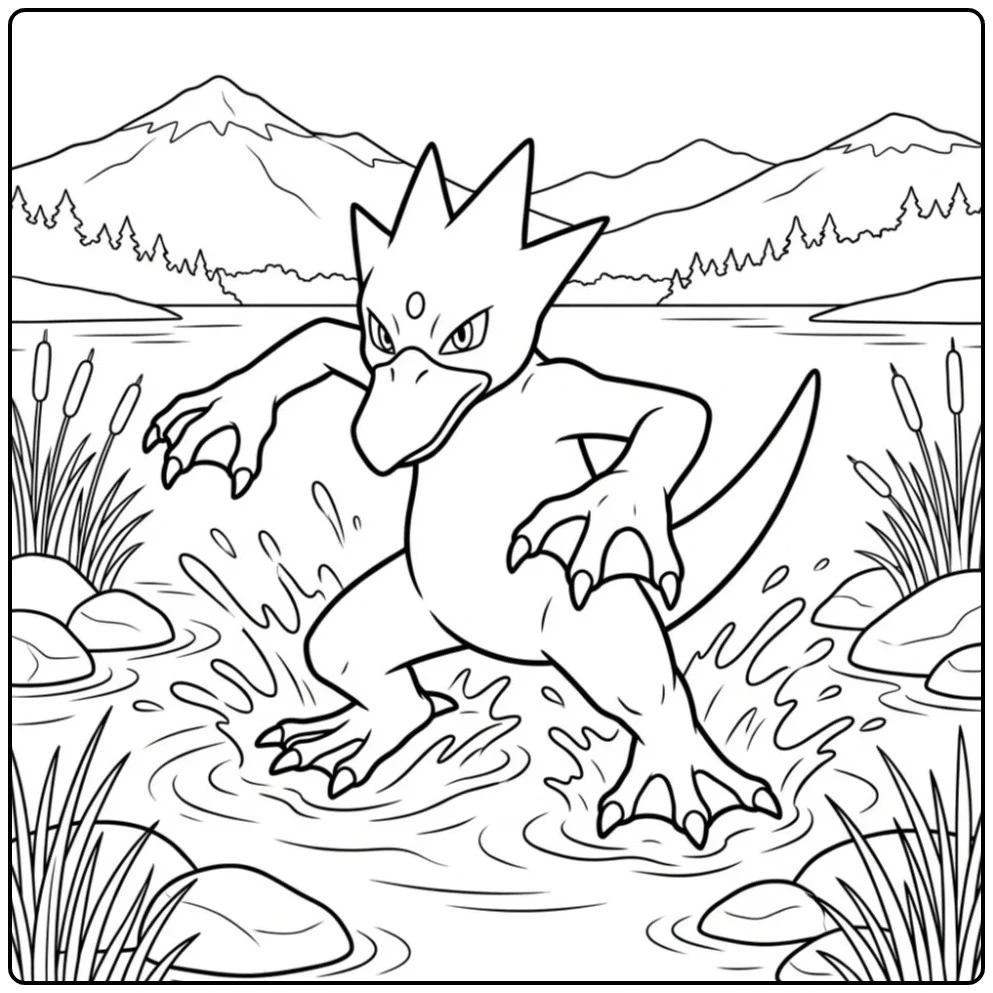 Pokemon Golduck kleurplaat bij een meer in de aanvalshouding