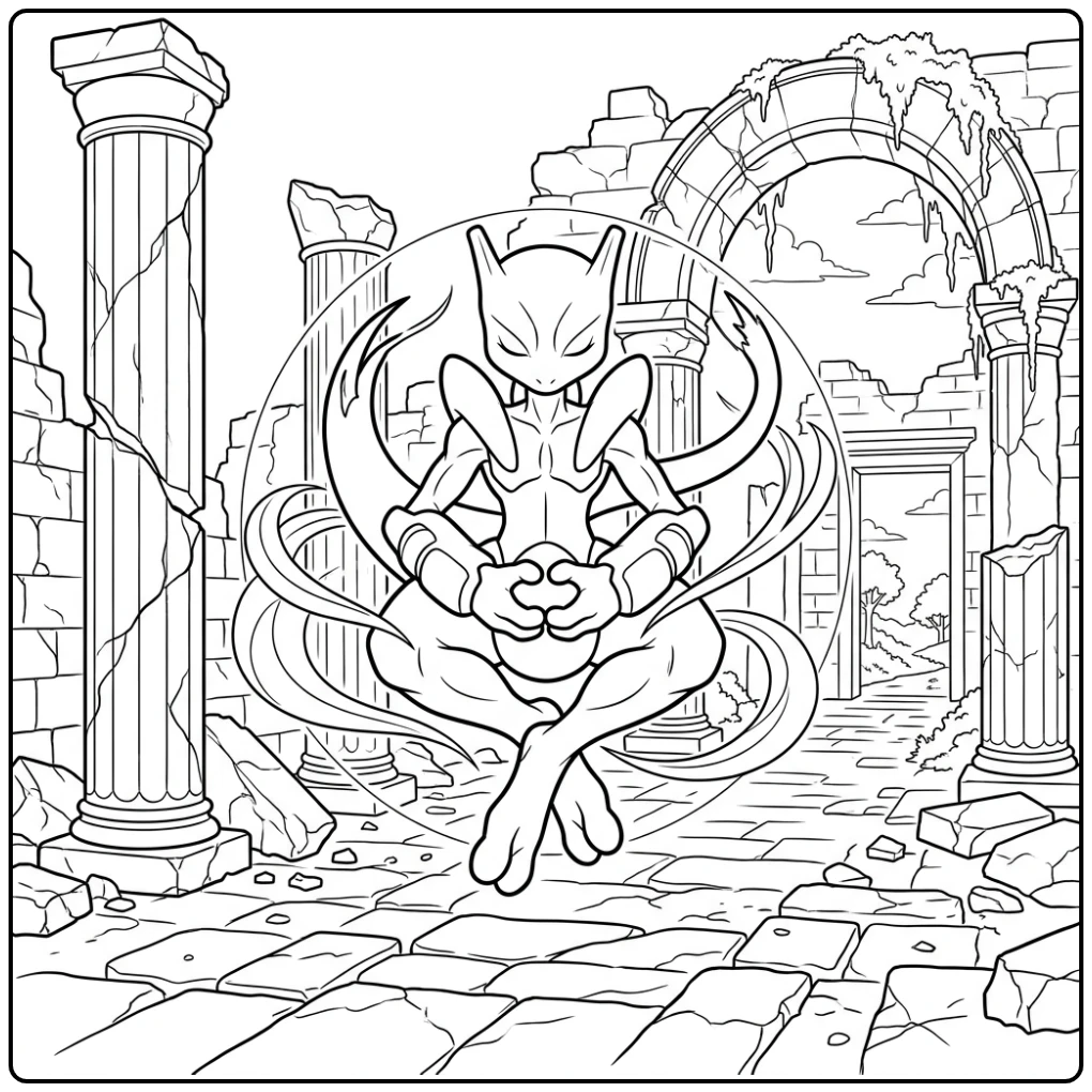 Mooie pokemon kleurplaat mega mewtwo in een tempel.