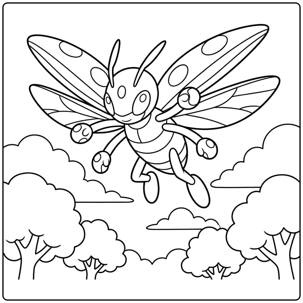 Heroïsche Pokemon Ledian kleurplaat vliegend in de lucht.
