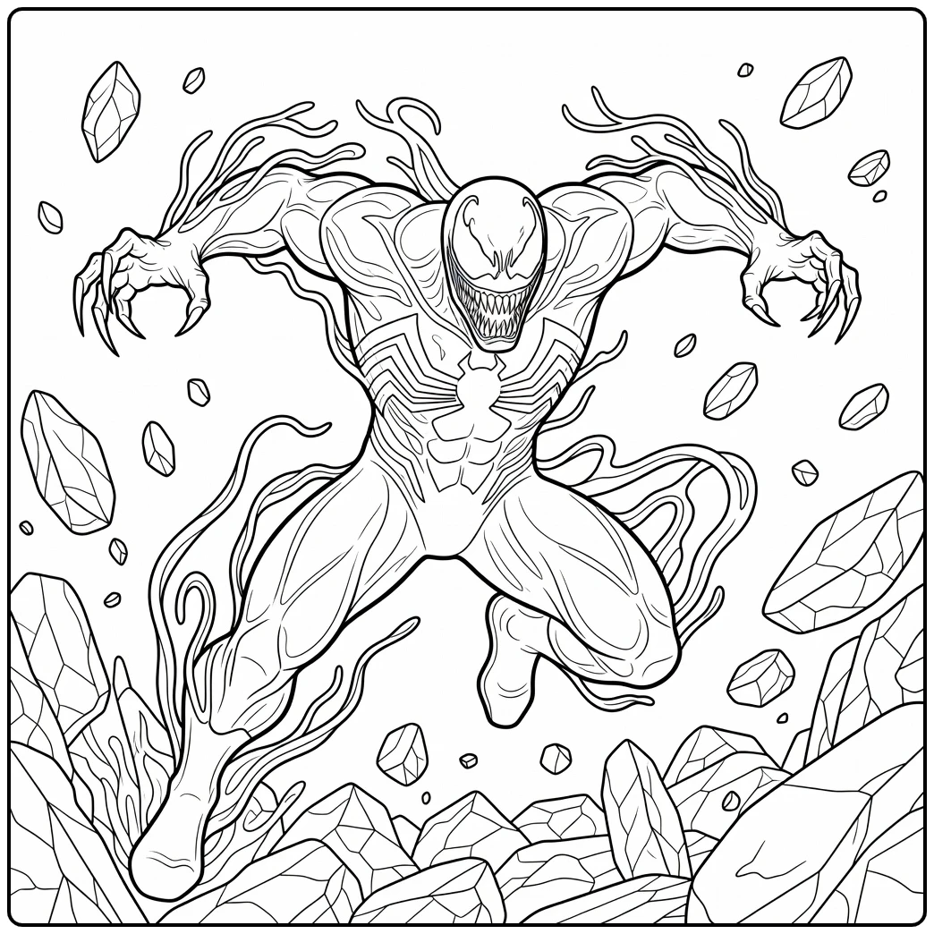 Actievolle venom kleurplaat van de springende symbioot.