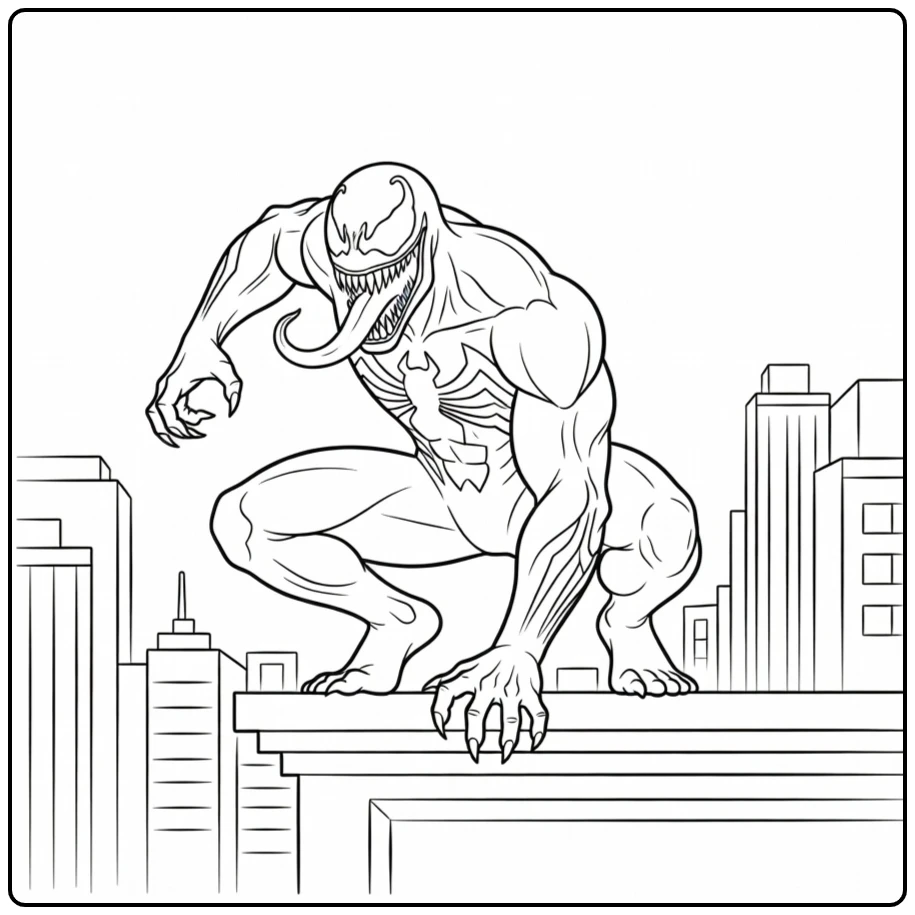 Gedetailleerde venom kleurplaat met Venom op een stadsdak.