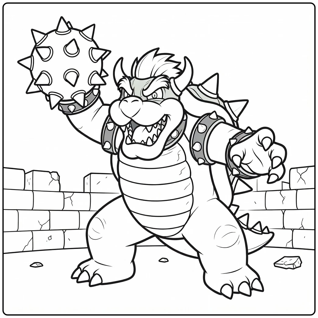 Actievolle bowser kleurplaat met stekelbal in gevechtspose.