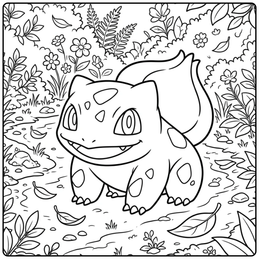Leuke bulbasaur kleurplaat op een zandpad met plantjes.