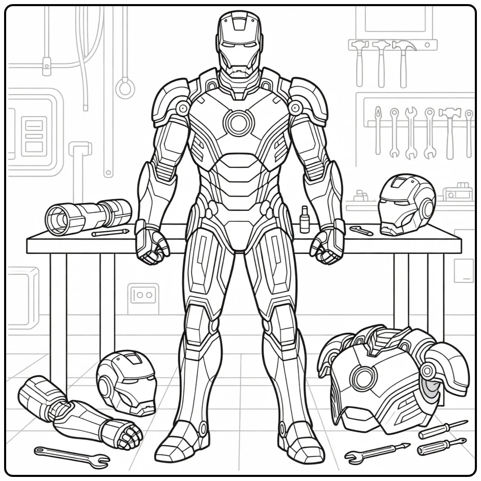 Leuke iron man kleurplaat in zijn werkplaats met gereedschap