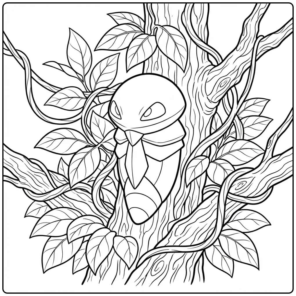 Kakuna kleurplaat in een boom met bladeren en boomstam.