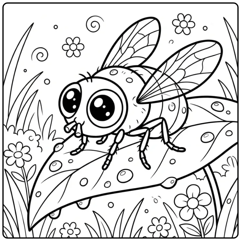 Een schattige kleurplaat vlieg op een groot blad met dauw.