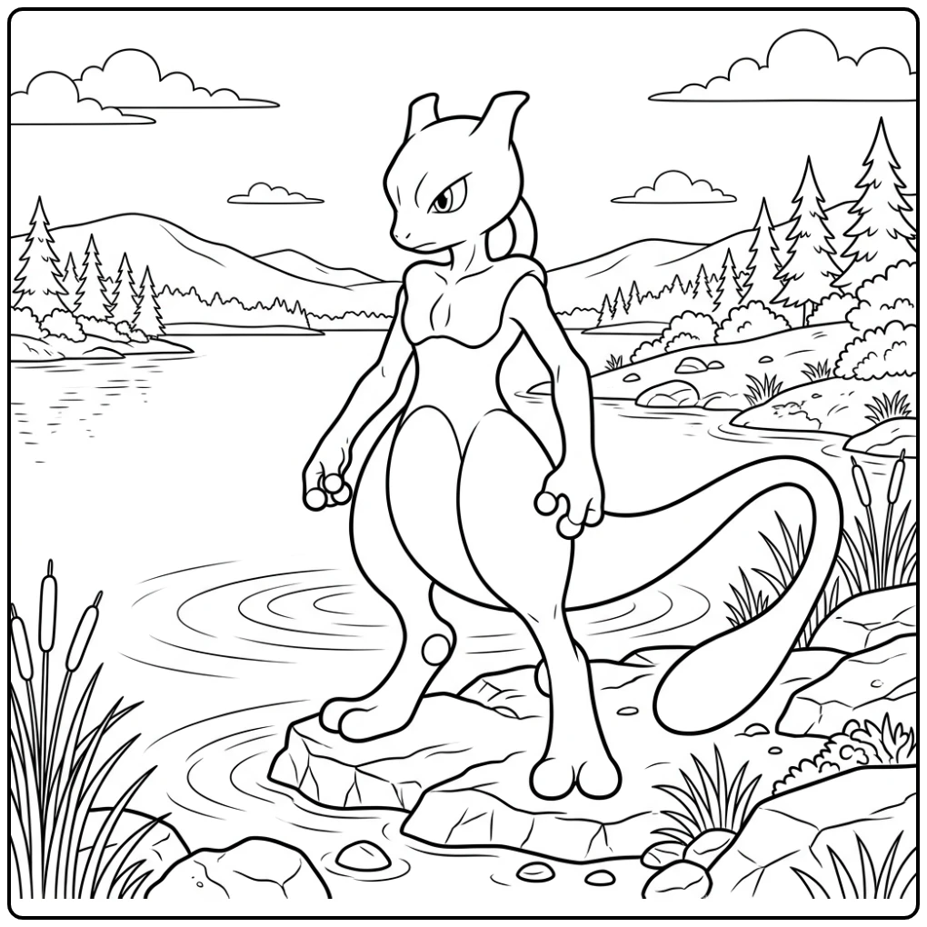 Een rustige mewtwo kleurplaat bij een stil meer met heuvels.