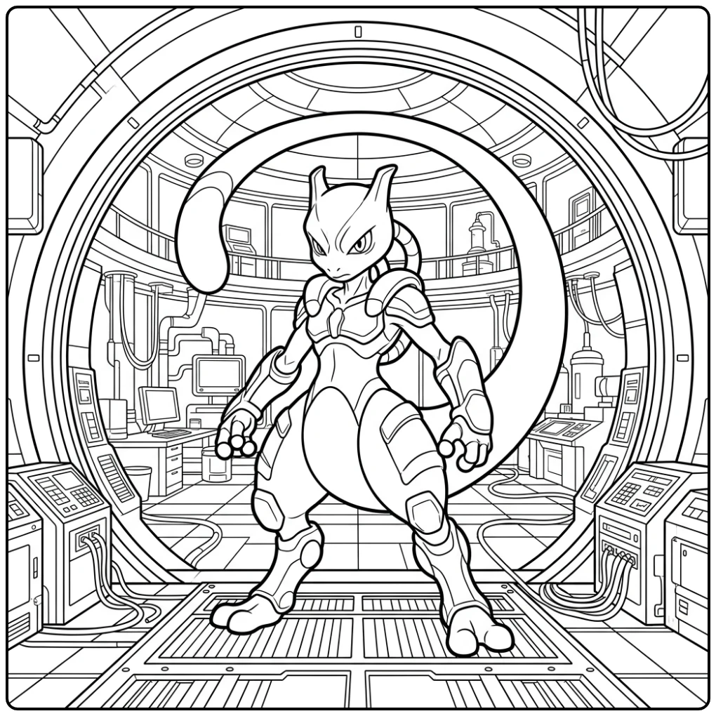 Commandante mewtwo kleurplaat in een wetenschappelijk lab.