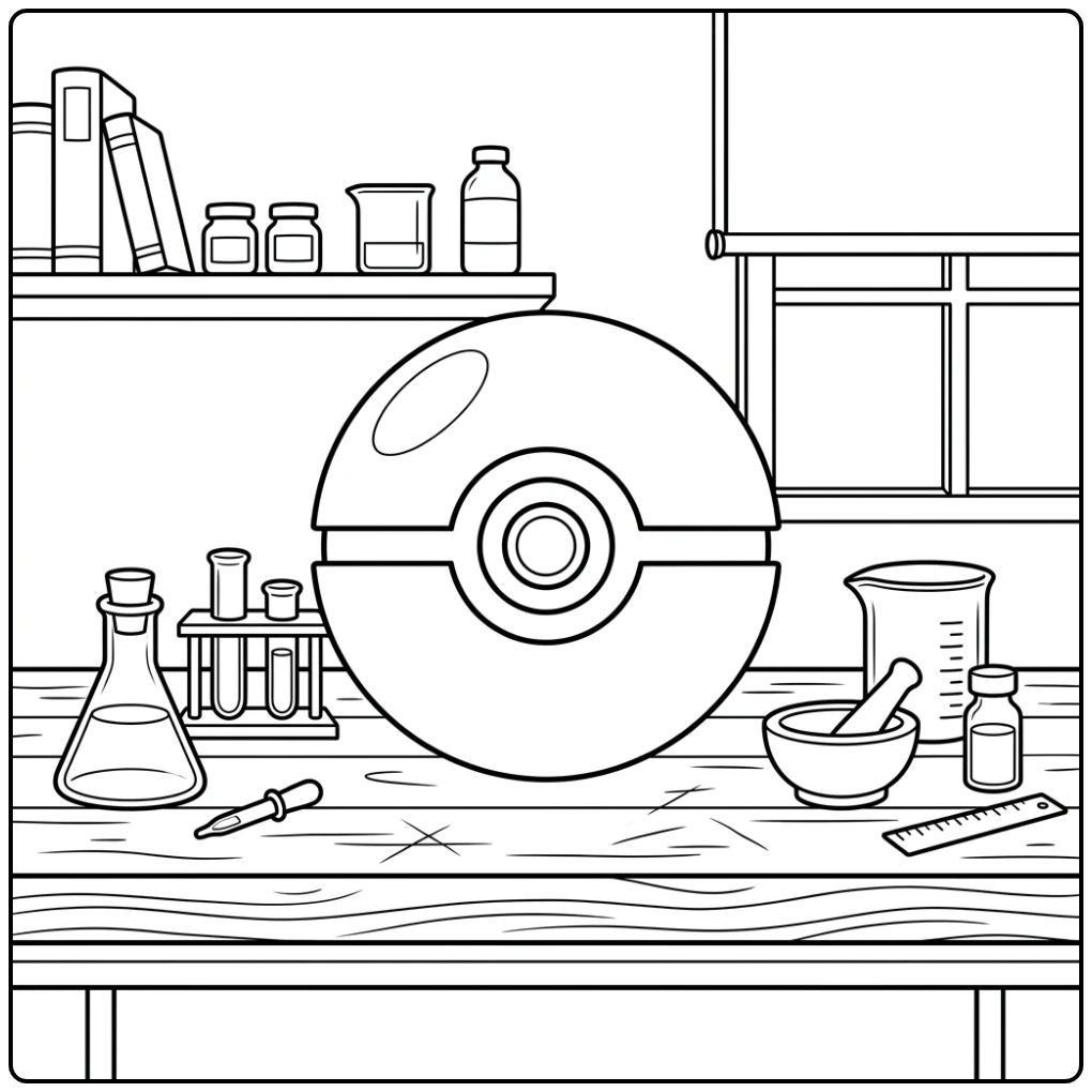 Poké Ball op labtafel om in te kleuren, een prachtige pokemon bal kleurplaat.