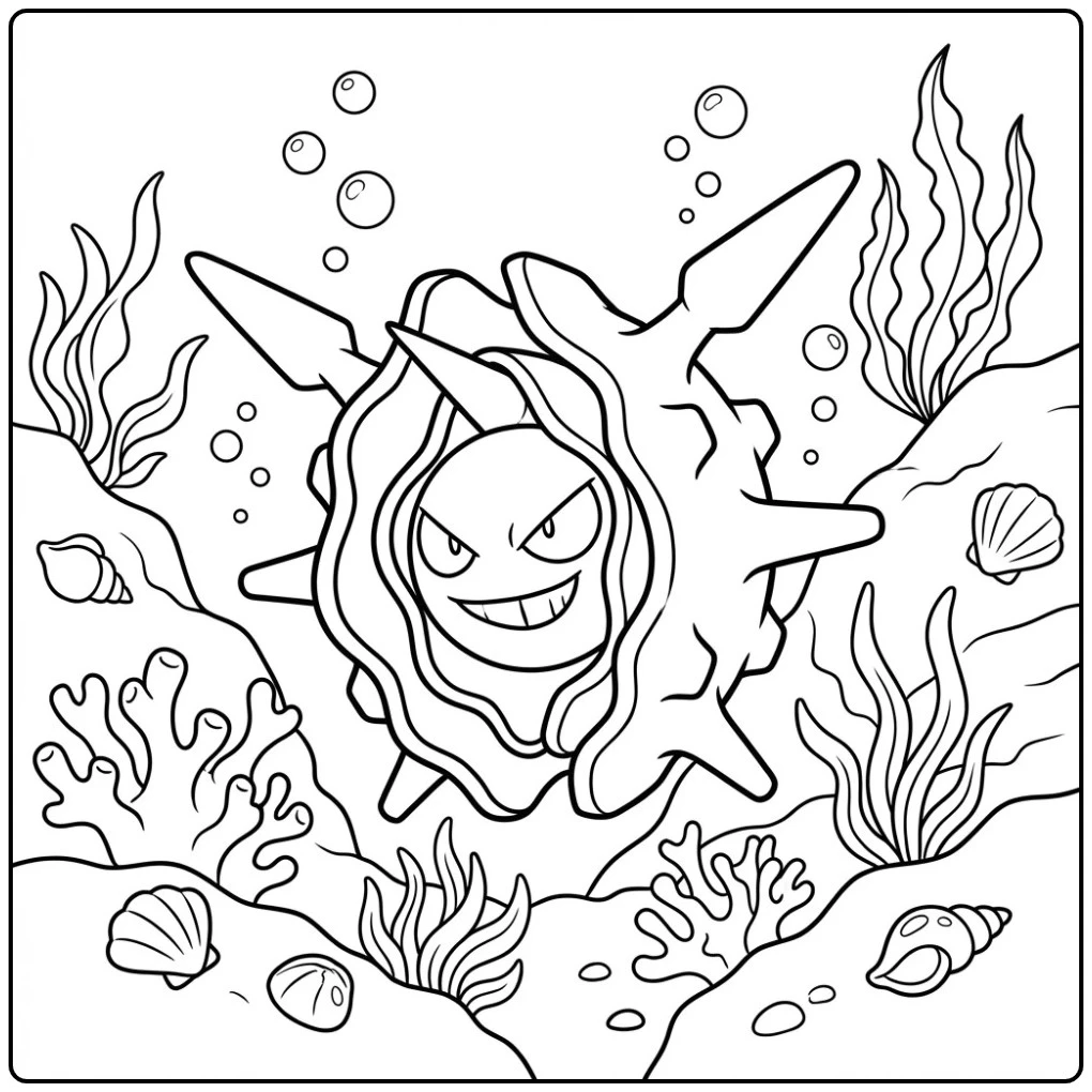 Pokemon Cloyster kleurplaat in een onderwaterrif met koraal.