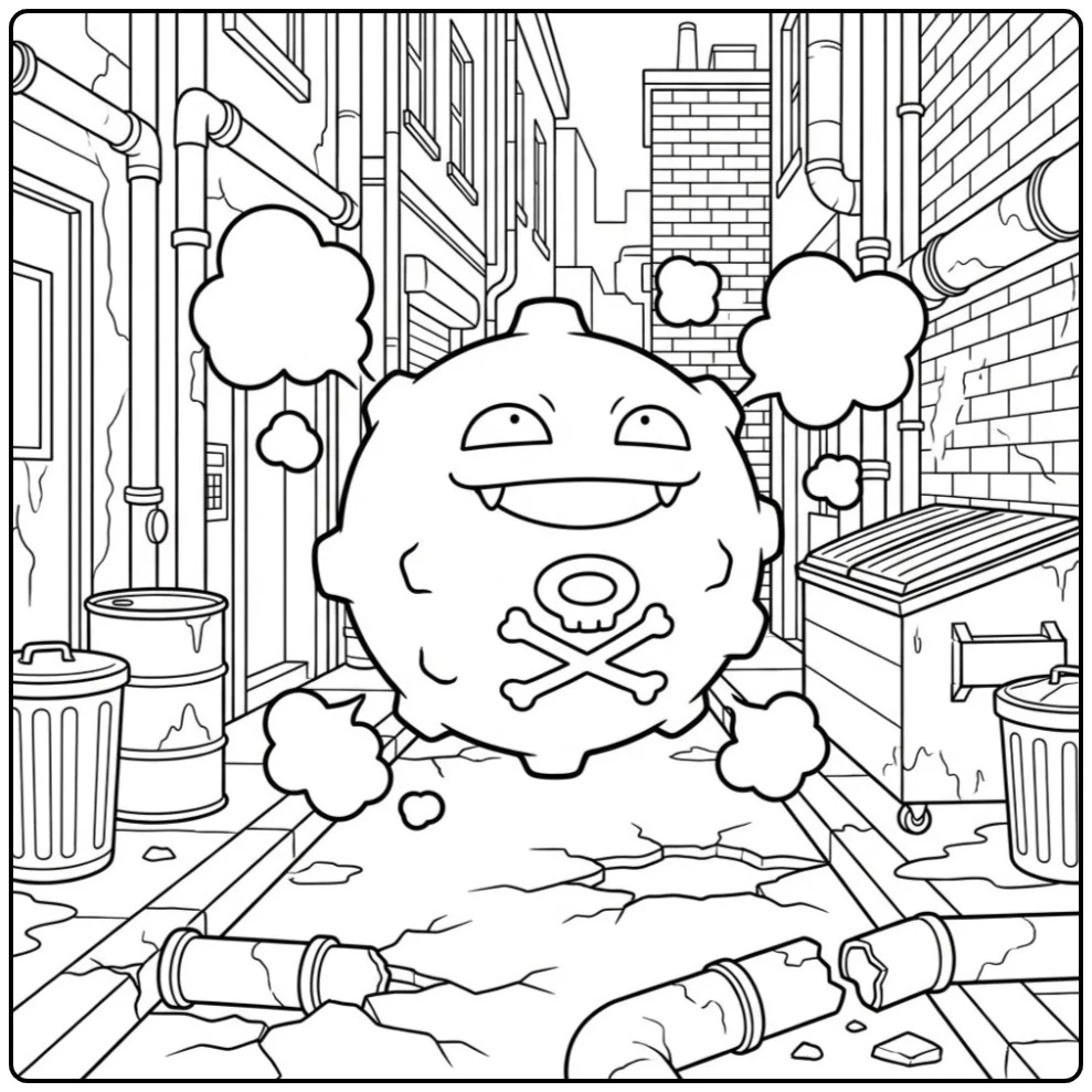 Pokemon Koffing kleurplaat in een vervuilde steeg met gas.