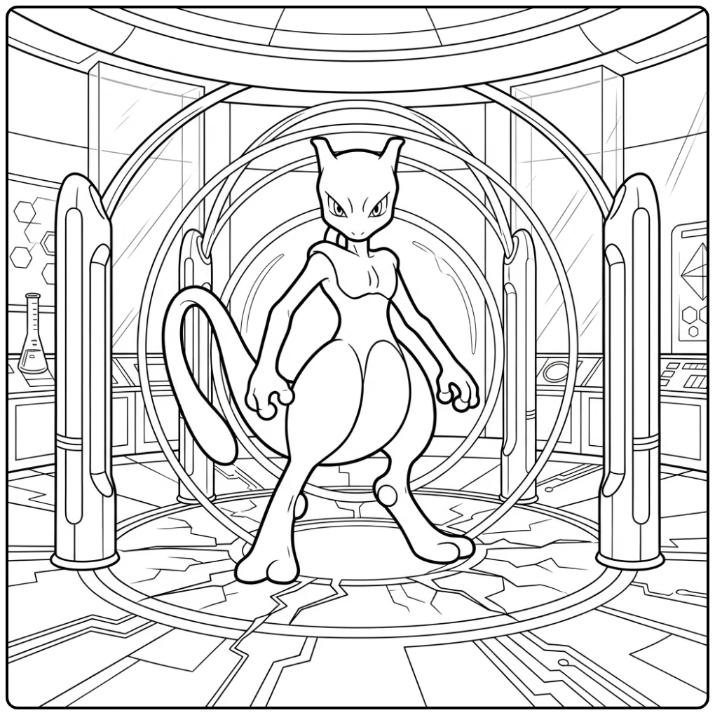 Epische Pokemon Mewtwo kleurplaat in een futuristisch lab