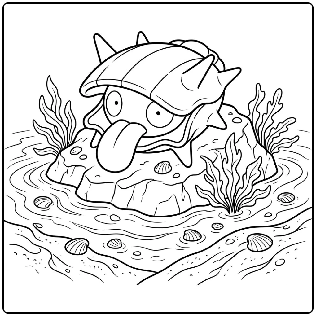 Mooie Pokemon Shellder kleurplaat op een rots aan zee.