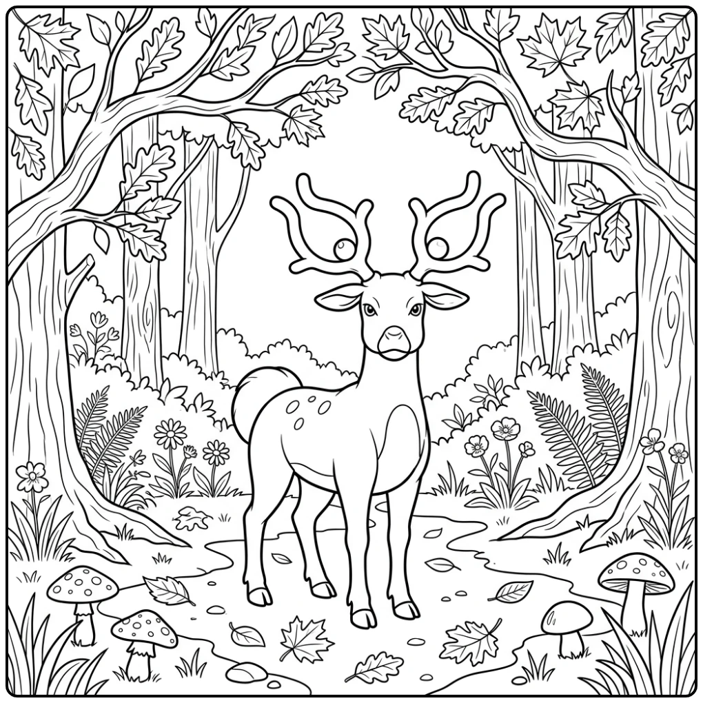 Prachtige Pokemon Stantler kleurplaat in een rustig bos.