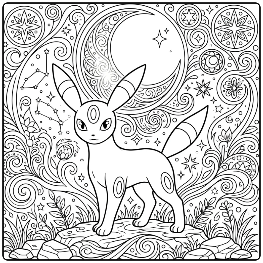 Umbreon onder nachtelijke hemel, complexe kleurplaat pokemon moeilijk