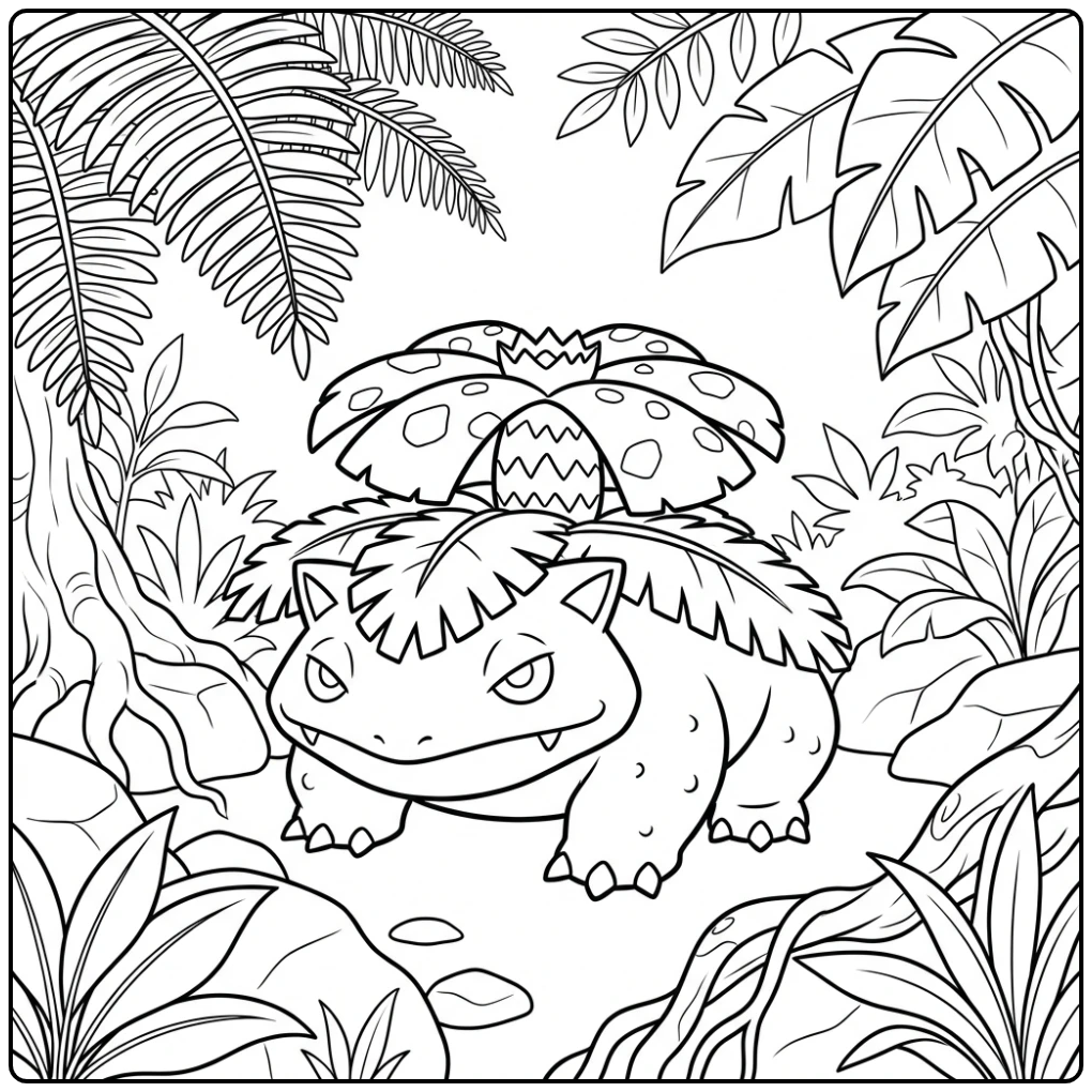 Mooie Venusaur kleurplaat in een tropische jungle setting.