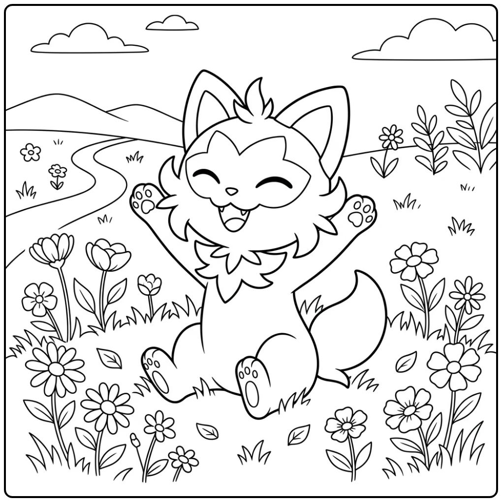 Leuke kleurplaat pokemon sprigatito rekt zich uit in bloemenweide