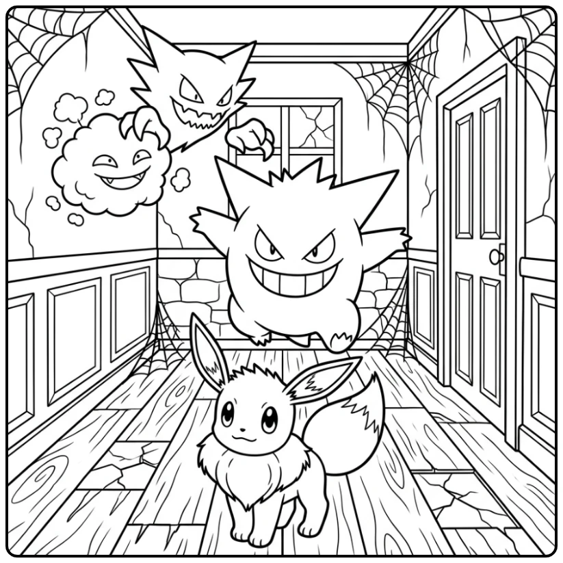 Griezelige gengar kleurplaat met Eevee in een spookhuisgang.