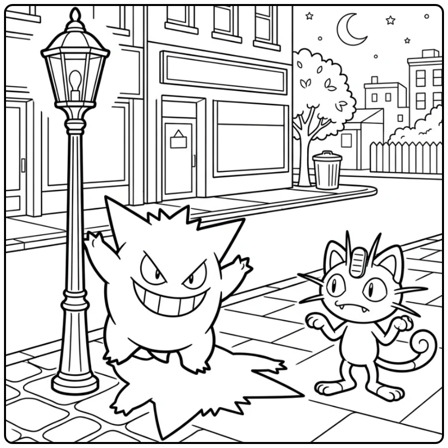 Ondeugende gengar kleurplaat: Gengar verstopt in de schaduw van een lamp.