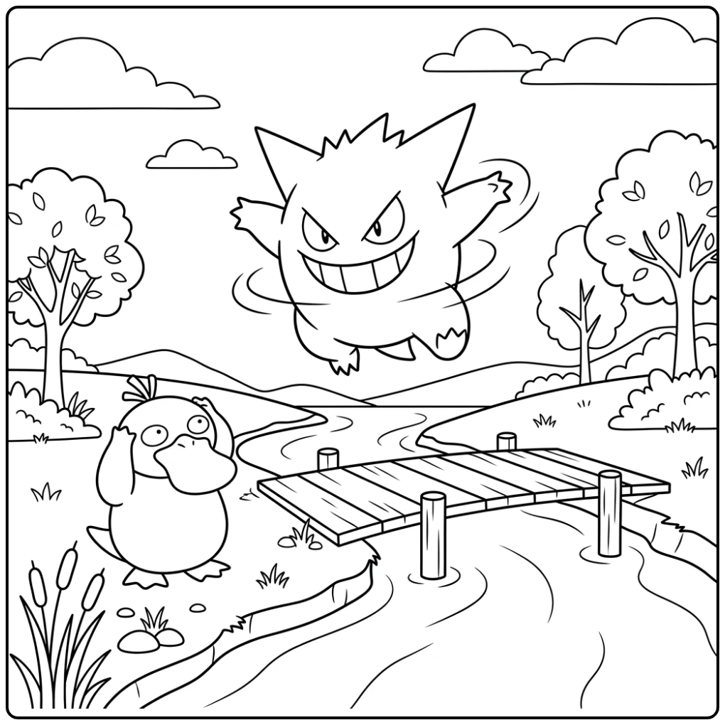 Speelse gengar kleurplaat met Gengar boven een brug, Psyduck verward.